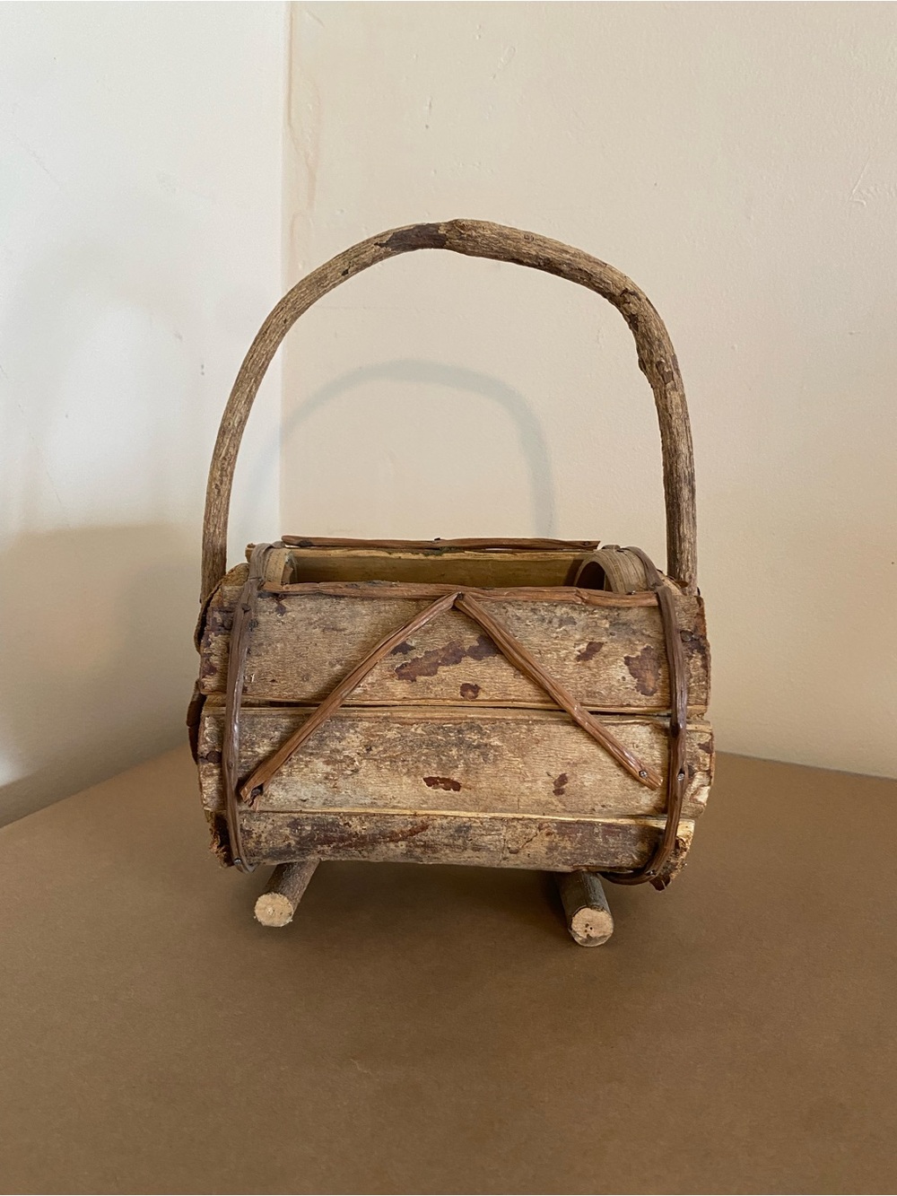 Rustic Natural Wood Handle Barrel Basket Brown with nails, vine wrapped decor